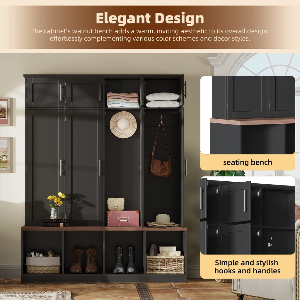 Euroco Entryway Hall Tree with Bench, Shoe Storage, Coat Hooks & Cabinets �C Walnut Finish, Anti-Tip Design, Modern Mudroom Organizer