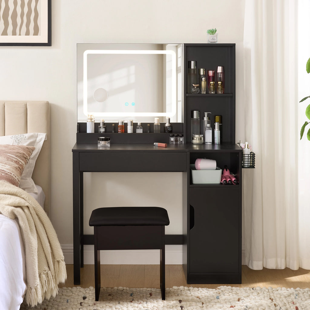 Mainstays Get Ready with Me GRWM Deluxe 2-Piece Vanity and Stool with Lighted Mirror and USB Power, White Finish