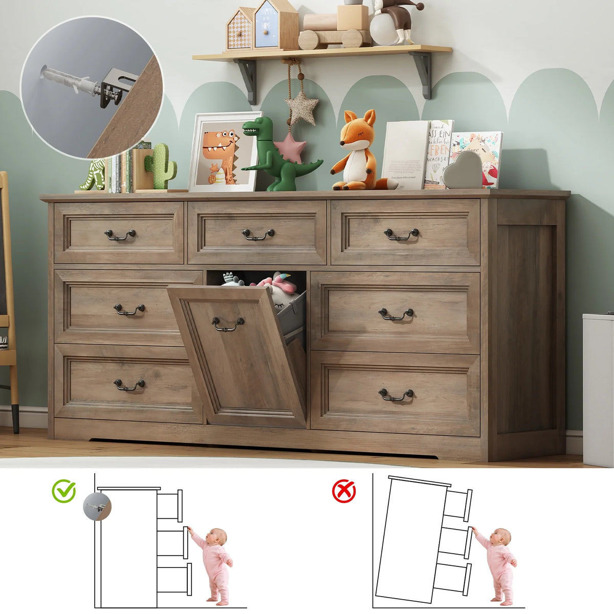 63" Wide Farmhouse 7-Drawer Dresser with 2 Laundry Hamper for Bedroom,Chest of Drawers, Gray Finish, Vintage Black Handles, Living Room Storage Cabinet,Gray