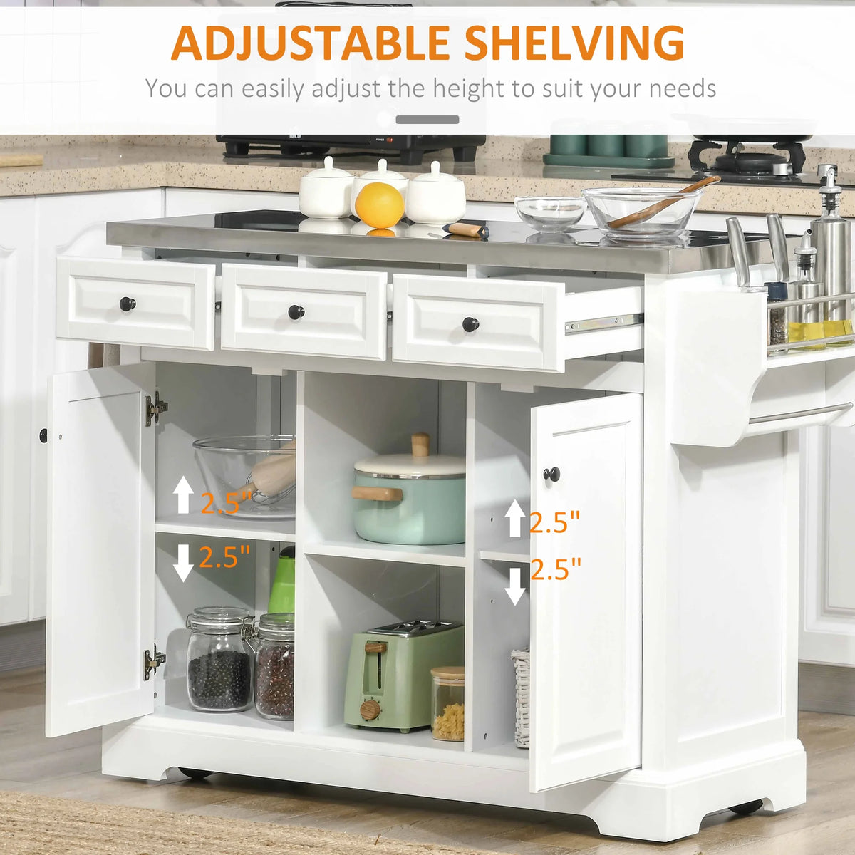 HOMCOM Rolling Kitchen Island on Wheels with Stainless Steel Top, Spice Rack & Drawers, Utility Portable Multi-Storage Cart on Wheels, Gray