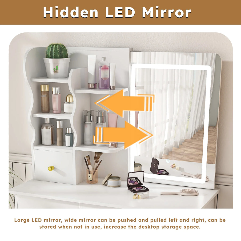 Montary Modern Mini Vanity w/Adjustable LED Mirror + Hidden Storage, Padded Stool & Dustproof Shelves (White)