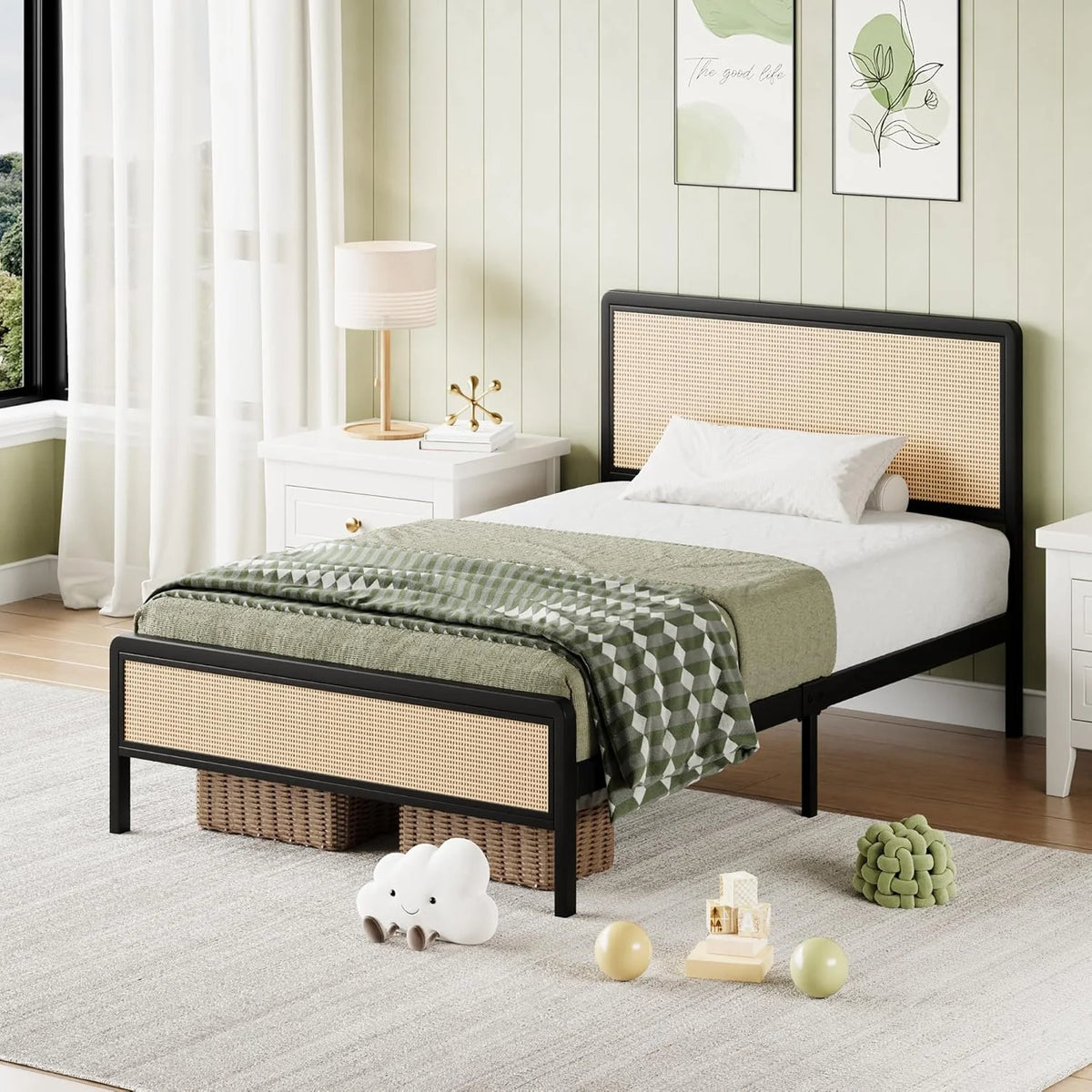 4 EVER WINNER Queen Size Bed Frame, Rattan Bed Frame with Natural Rattan Headboard and Footboard, No Box Spring Needed, Black