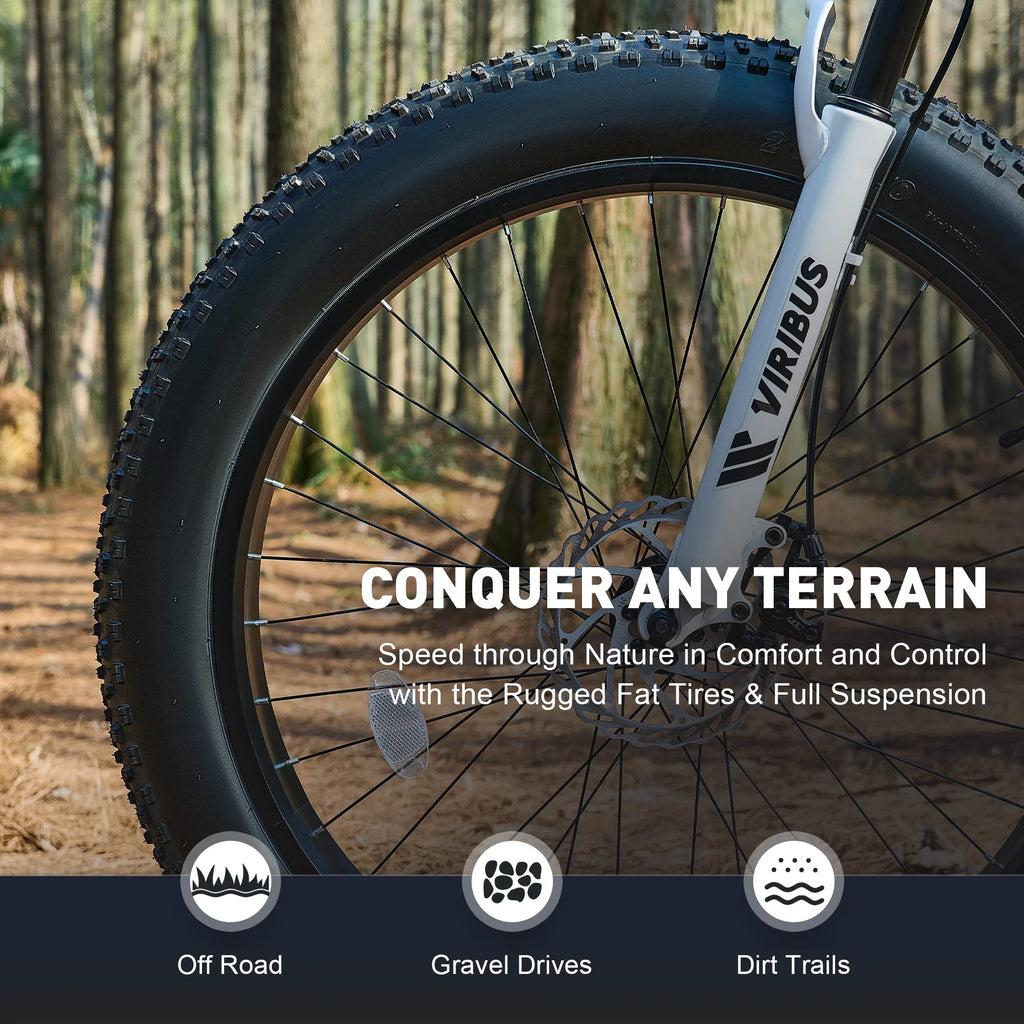 VIRIBUS 26" Fat Tire Mountain Bike Full Suspension Bike with 21 Speeds Disc Brakes White