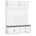HOMCOM Hall Tree with Storage Bench, Entryway Bench with Coat Rack, Accent Coat Tree with Storage Shelves, Cabinet and Drawers for Hallway, Mudroom, White