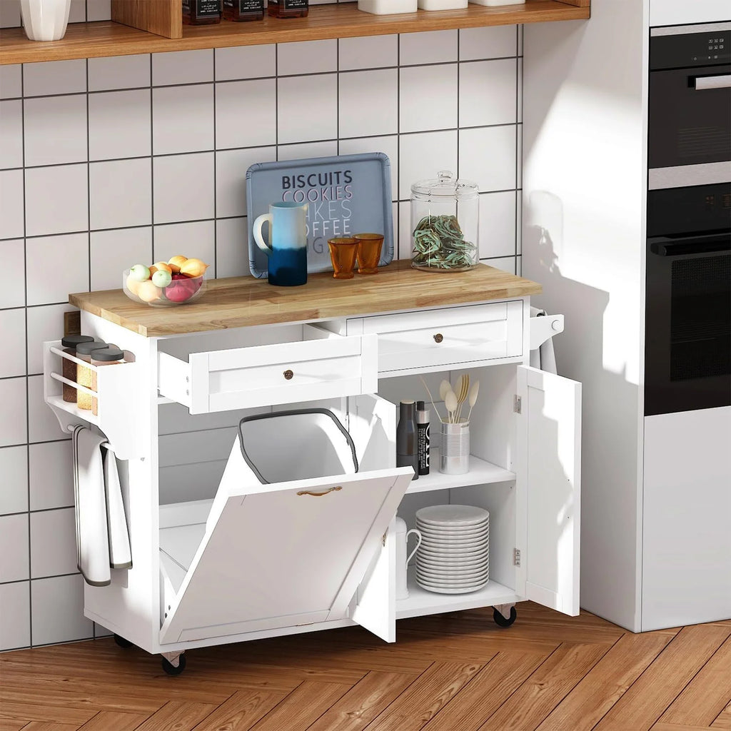 ANPOO 67" Rolling Kitchen Island with Drop Leaf, Tilt Out Kitchen Trash Cabinet 10 Gallon Storage, Kitchen Cart Island with Rubber wood Top, Spice Rack and Drawers