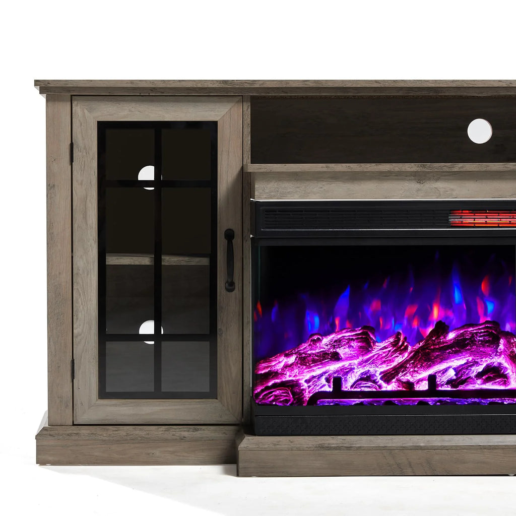 Merluxy 75in 3-Sided Glass Fireplace TV Stand for TVs up to 85", Distressed White