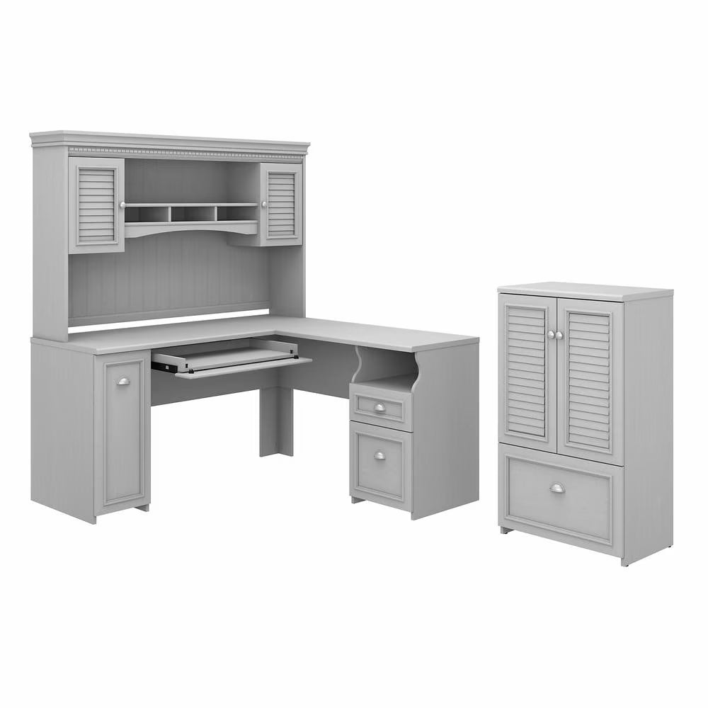 Fairview L Desk with Hutch and Storage Cabinet in White/Gray - Engineered Wood