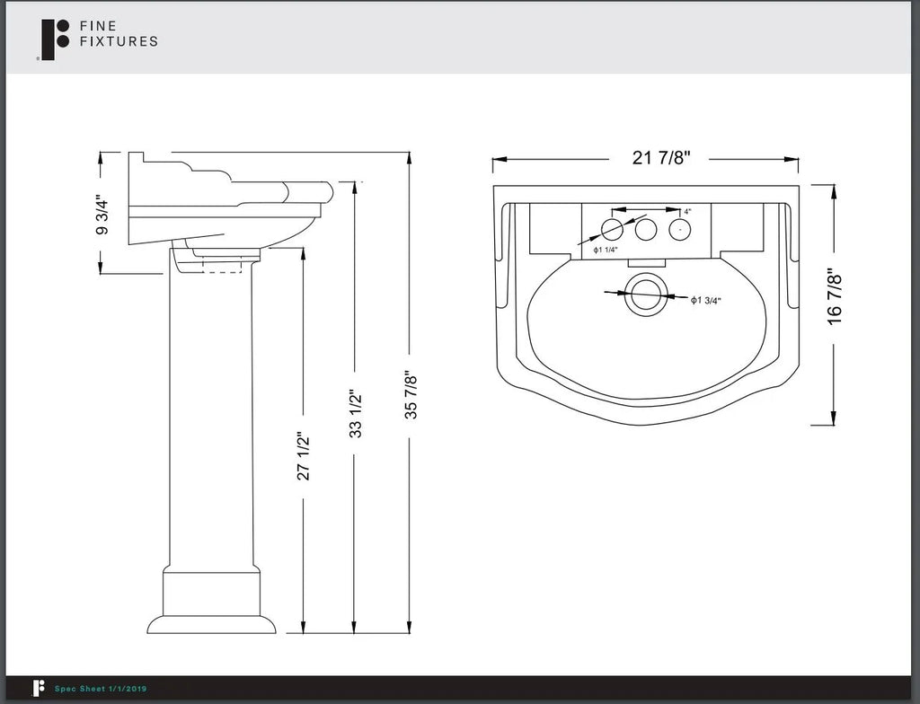 Fine Fixtures Roosevelt Pedestal Sink - 18 Inch Vitreous China Ceramic Pedestal Sink - Single Faucet Hole Sink in White