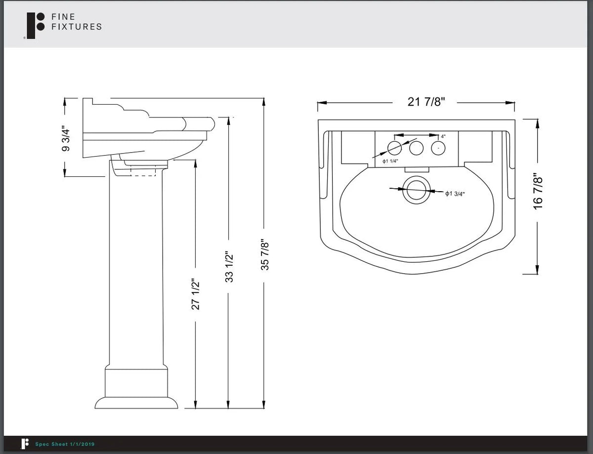 Fine Fixtures Roosevelt Pedestal Sink - 18 Inch Vitreous China Ceramic Pedestal Sink - Single Faucet Hole Sink in White