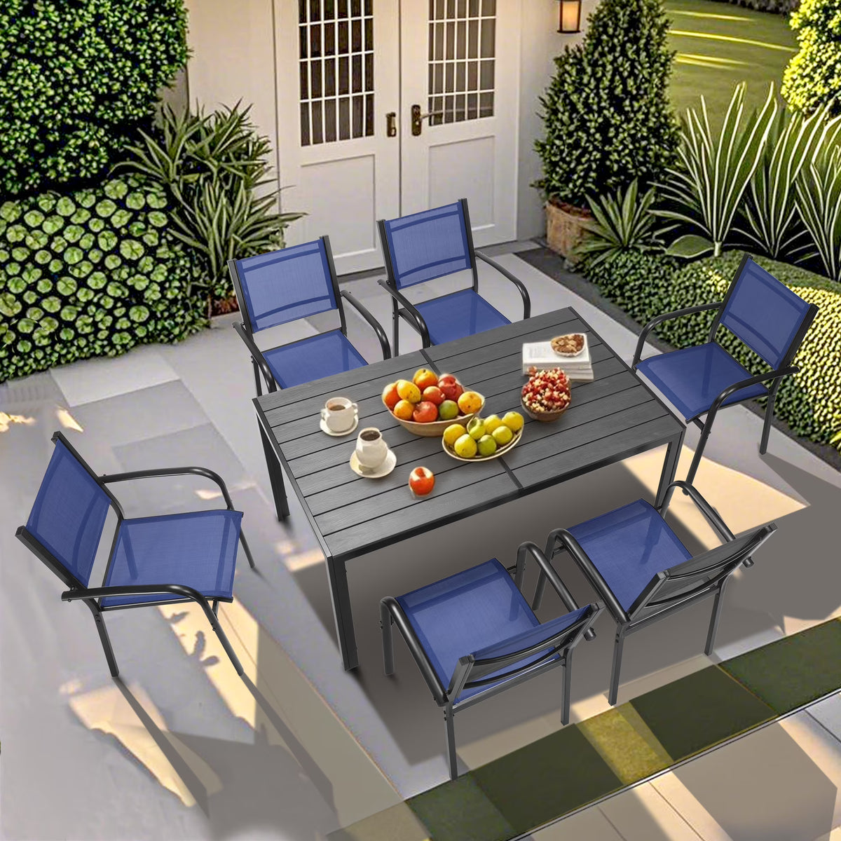 Seizeen 7-Piece Outdoor Table and Chairs, Patio Table Set with 6 Rattan Chairs, All-weather Outdoor Patio Dining Sets Rectangular Metal Table with Acacia Wood Top, Umbrella Hole, Gray