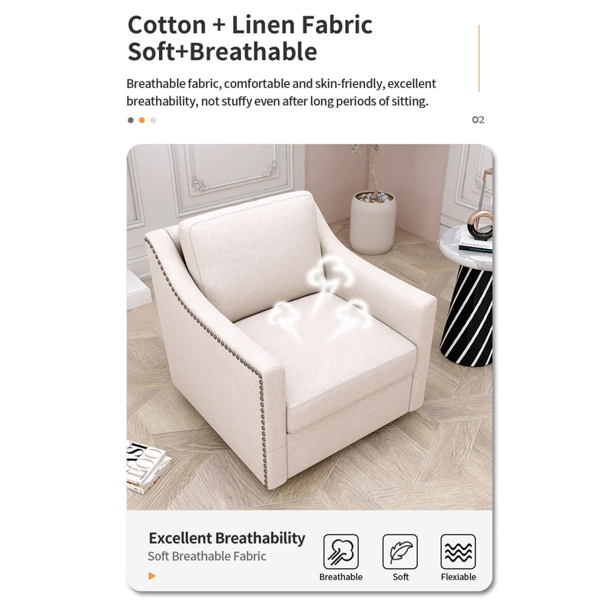 Swivel Accent Chair Armchair, 360�� Swivel Chair in Cotton Linen, Living Room Chairs with Wide Cusion and Curved Armrest, Comfy Barrel Sofa Reading Chairs for Bedroom, Small Spaces, Office, Grey