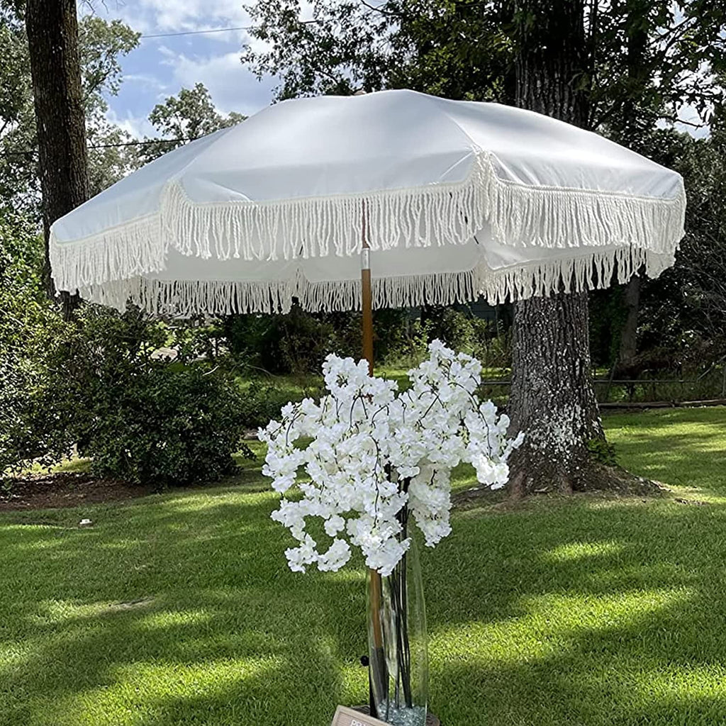 7ft Patio Umbrella with Fringe Outdoor Tassel Umbrella UPF50+ Premium Steel Pole and Ribs Push Button Tilt, Riviera Pink Stripe