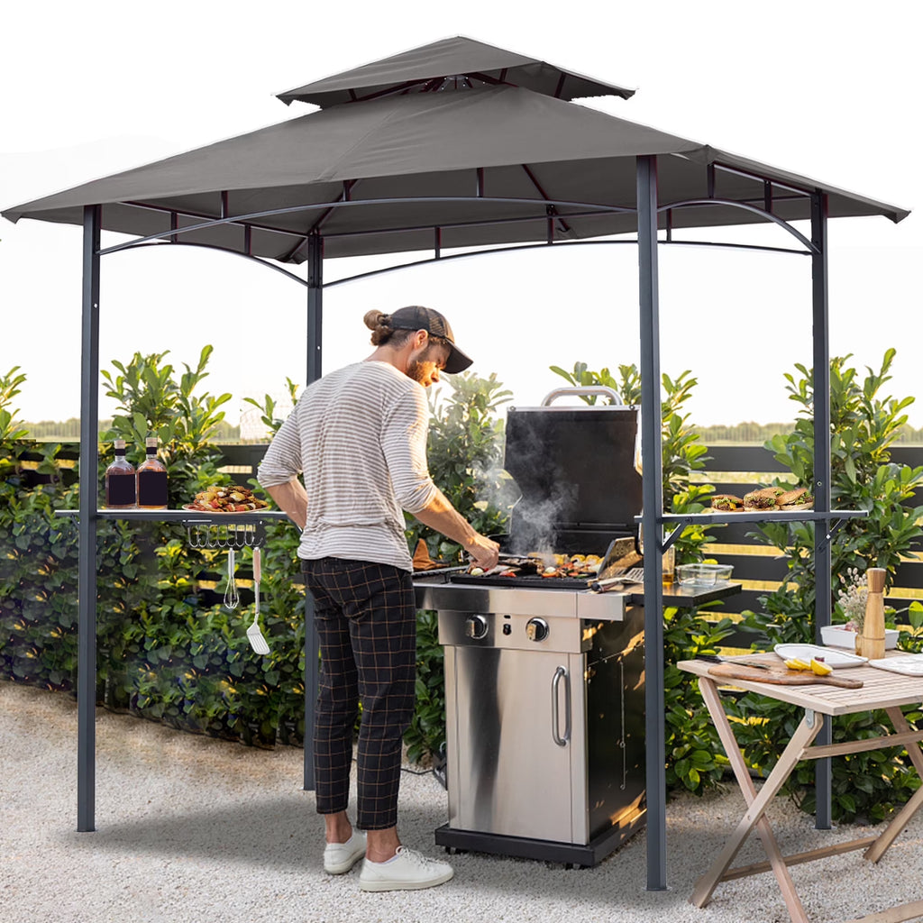 ABCCANOPY 8'x 5' Grill Gazebo Shelter, Double Tier Outdoor BBQ Gazebo Canopy with LED Light(Brown)