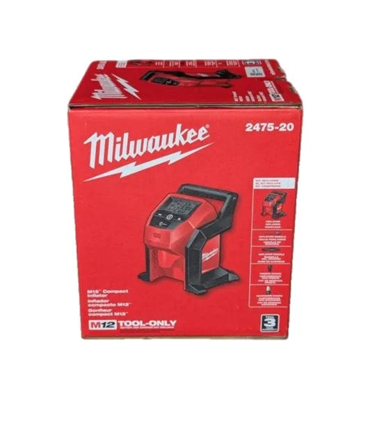 Milwaukee M12 Compact Inflator �C Cordless Tire Inflator with TrueFill Auto Shut-Off, 120 PSI, LCD Display, Brass Chuck, Fast Inflation 2475-20 (Bare Tool)