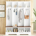 Farmhouse Hall Tree with Bench, 59" Wide Entryway Organizer with 8 Hooks & Storage Compartments, Modern Coat Rack & Shoe Bench for Mudroom,White
