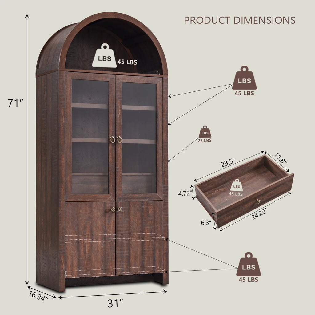IFGET 71-Inch Arched 4-Tier Bookcase with Glass Doors and Drawers