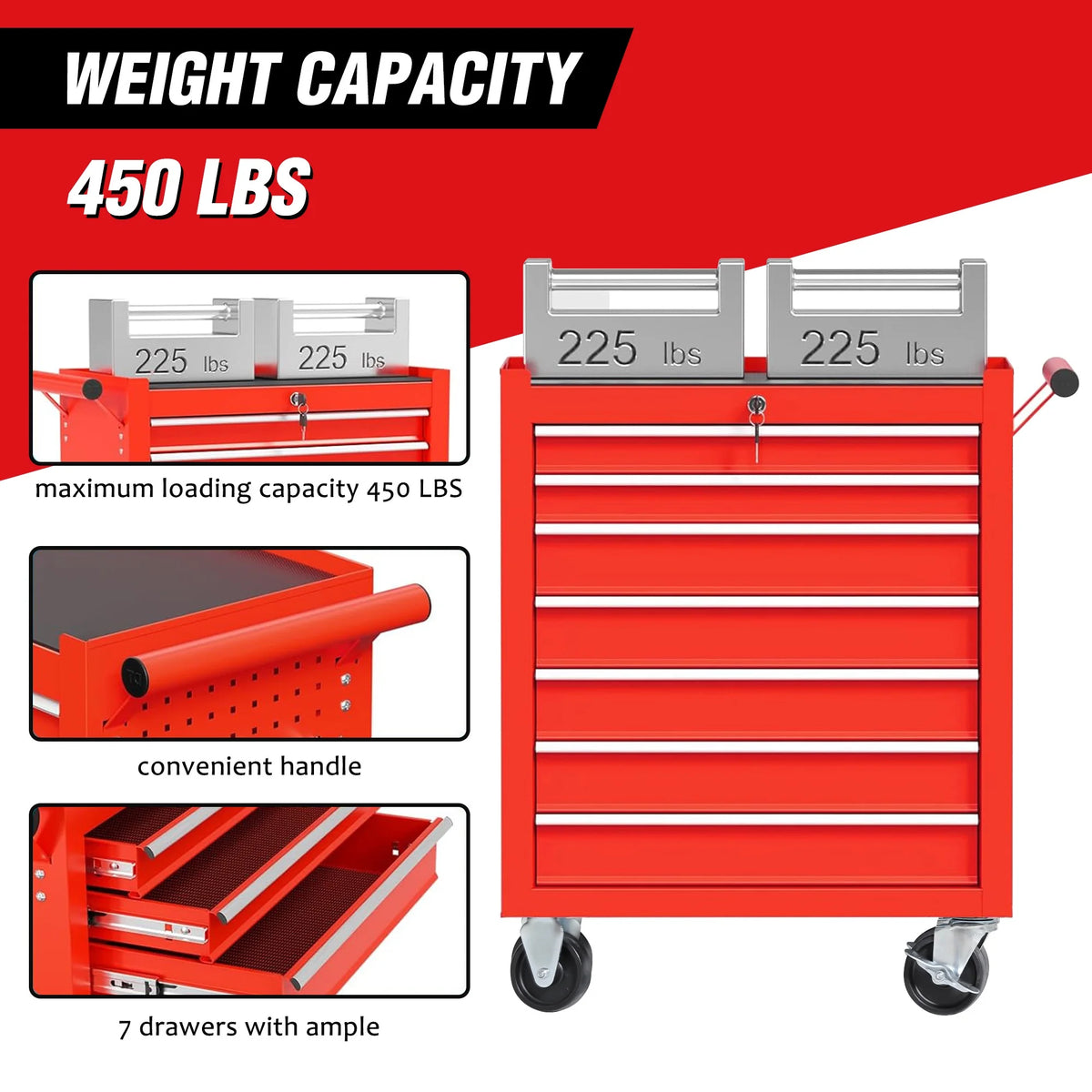 Seizeen Rolling Tool Chest on Wheels, Metal Tool Cart Toolbox Storage Cabinet Organizer W/ 7 Drawers, Red
