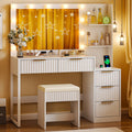 Ktaxon Flutted Makeup Vanity Table Set with 5 Drawer, Dressing Table w/Charging Station, Vanity Desk for Femal Gift, White