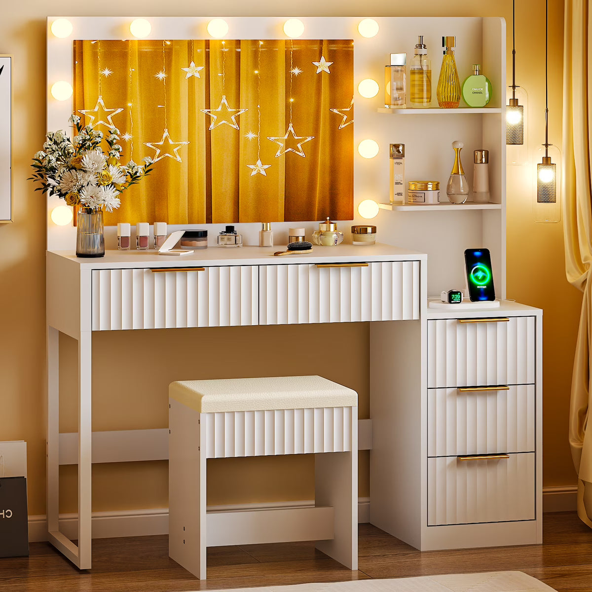 Ktaxon Flutted Makeup Vanity Table Set with 5 Drawer, Dressing Table w/Charging Station, Vanity Desk for Femal Gift, White