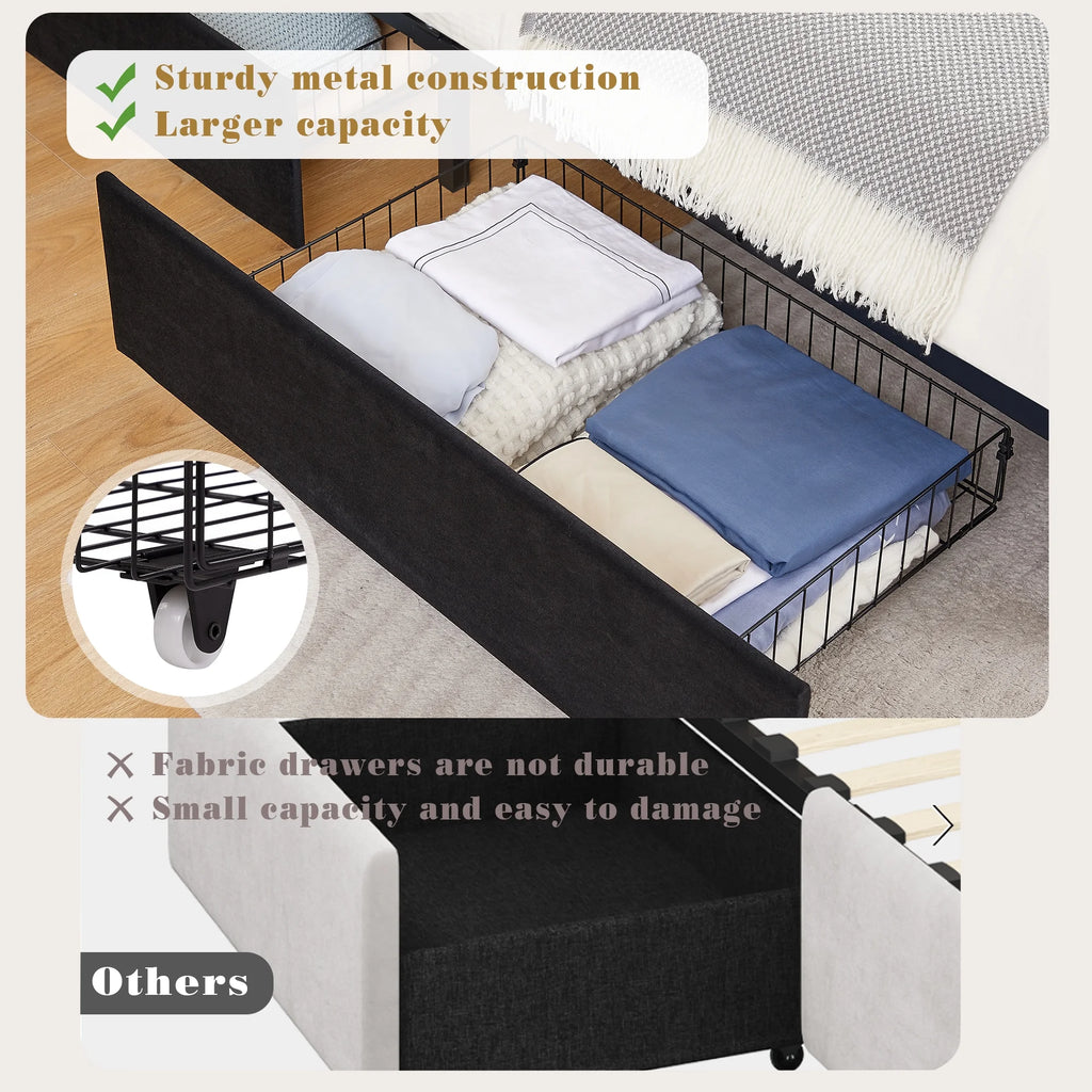 VECELO Full Bed Frame with 4 Storage Drawers (Wheeled) and Tufted Upholstered Adjustable Headboard Platform Bed, Beige
