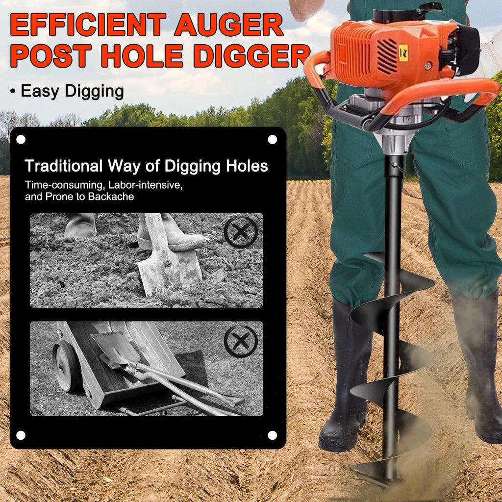 PRIJESSE Gas Powered Earth Digger Post Hole Digger with 3 Extension Rods + 3 Auger Drill Bits