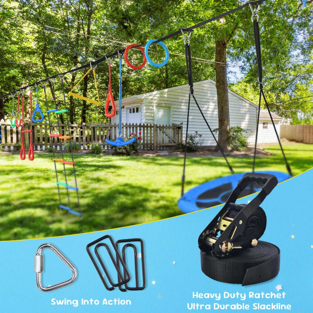KloKick 65ft Ninja Warrior Obstacle Course for Kids �C Outdoor Backyard Set with Swing, Ninja Rope, 11 Obstacles, Slackline, Jungle Gym for Tree Installation