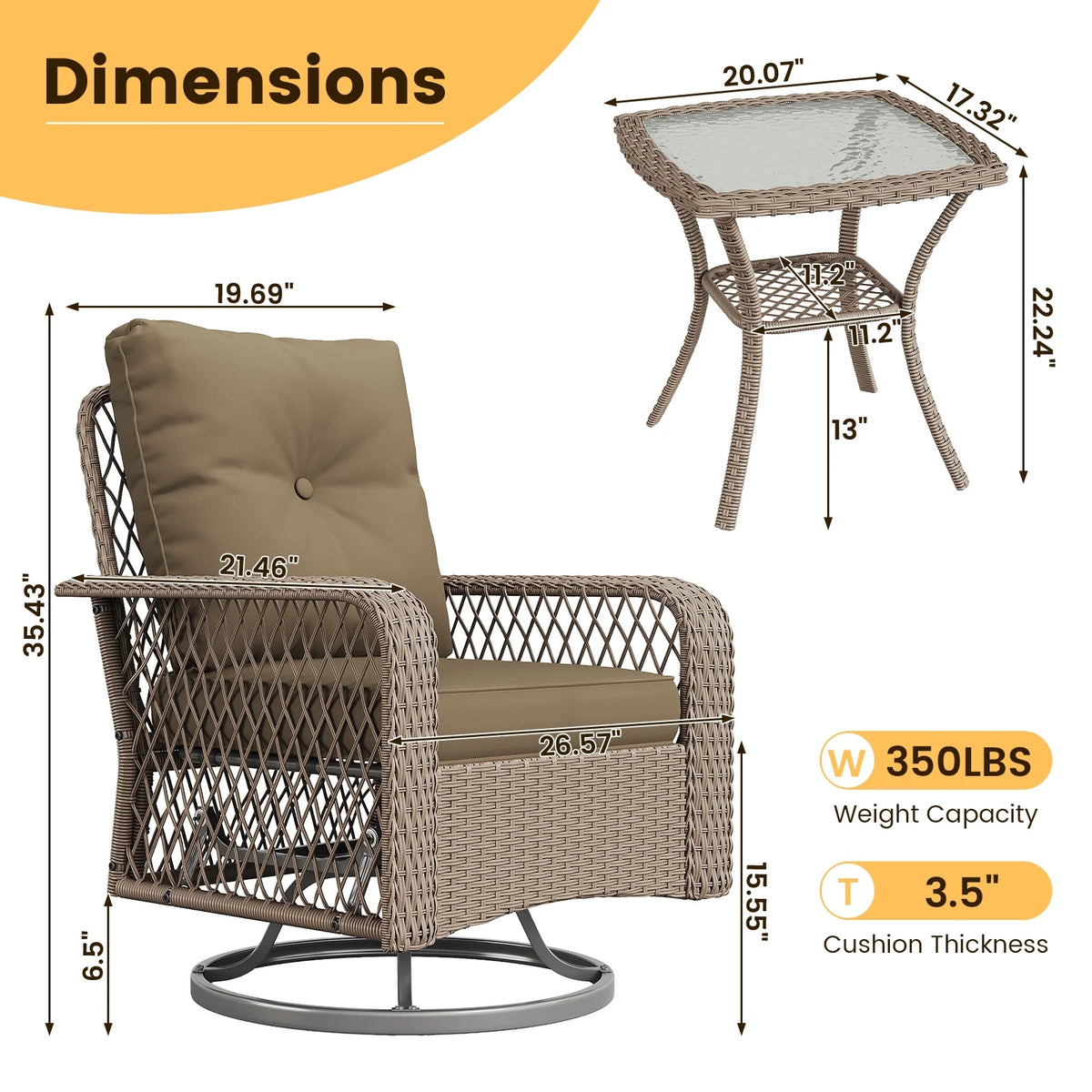 ELPOSUN 3 Pieces Patio Furniture Set, Outdoor Swivel Gliders Rocker, Wicker Patio Bistro Set with Rattan Rocking Chair, Glass Top Side Table and Thickened Cushions for Porch Deck Backyard