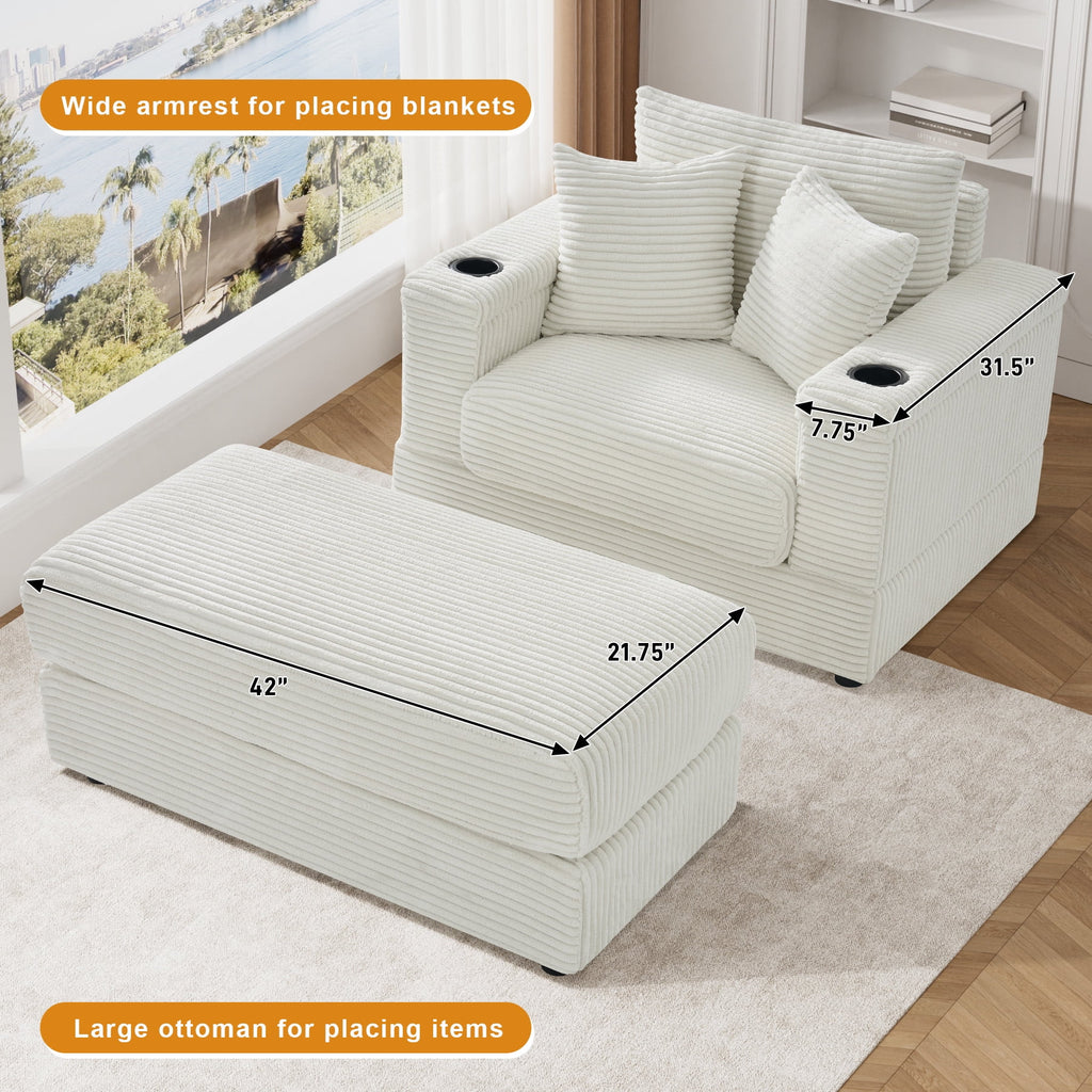 Wiilayok Oversized Lounge Chair Indoor,54" Corduroy Cloud Chaise Lounge Couch Indoor with Ottoman,Cup Holder for Living Room,Bedroom,Beige