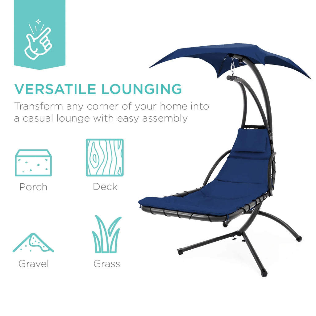Best Choice Products Hanging Curved Chaise Lounge Chair Swing for Backyard, Patio w/ Pillow, Shade, Stand - Teal