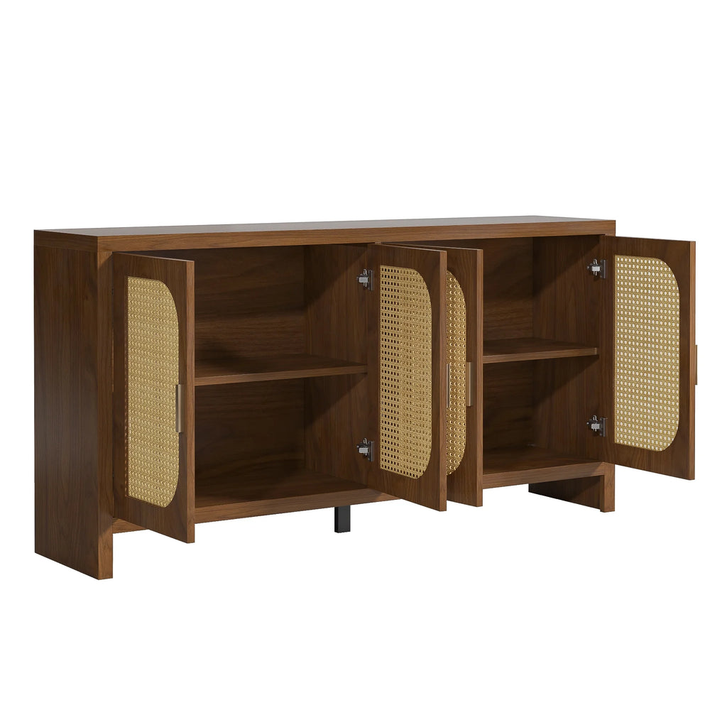Modern Rattan Sideboard Buffet Cabinet, Kitchen Storage Cabinet, Living Room TV Stand for TVs up to 65", Entertainment Center with Adjustable Shelf, for Dining Living Room Hallway, White