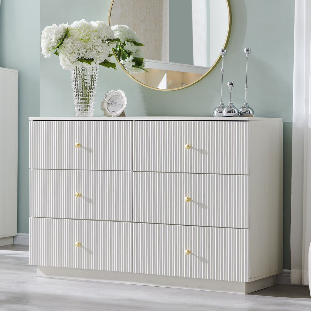 wow97e Fluted 6 Drawers Dresser, Wood 47" Tall Chest of Drawers with Deep Storage, Modern Bedroom Chest for Closet Hallway, Entryway, Living Room