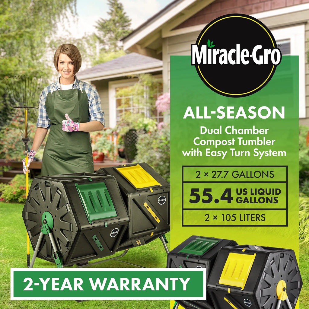 Miracle-Gro Large Dual Chamber Compost Tumbler Easy-Turn, Fast-Working System - All-Season, Heavy-Duty, High Volume Composter with 2 Sliding Doors - Gardening Gloves Included
