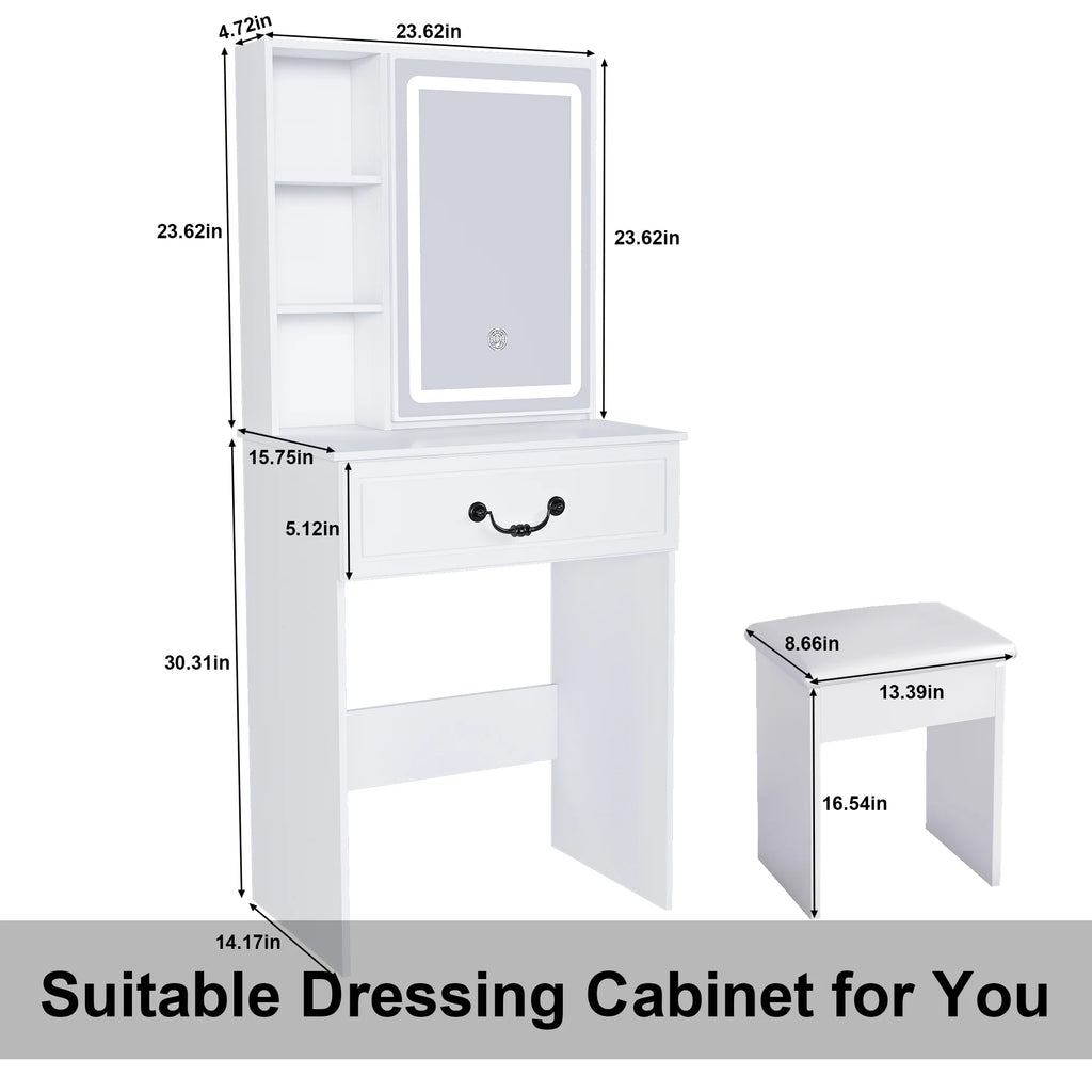 Montary Modern Mini Vanity w/Adjustable LED Mirror + Hidden Storage, Padded Stool & Dustproof Shelves (White)