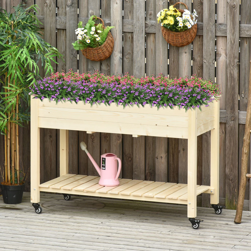 Outsunny 47" x 21" Raised Garden Bed Elevated Wooden Planter Box w/ Lockable Wheels, Storage Shelf and Bed Liner for Backyard, Patio, Dark Gray
