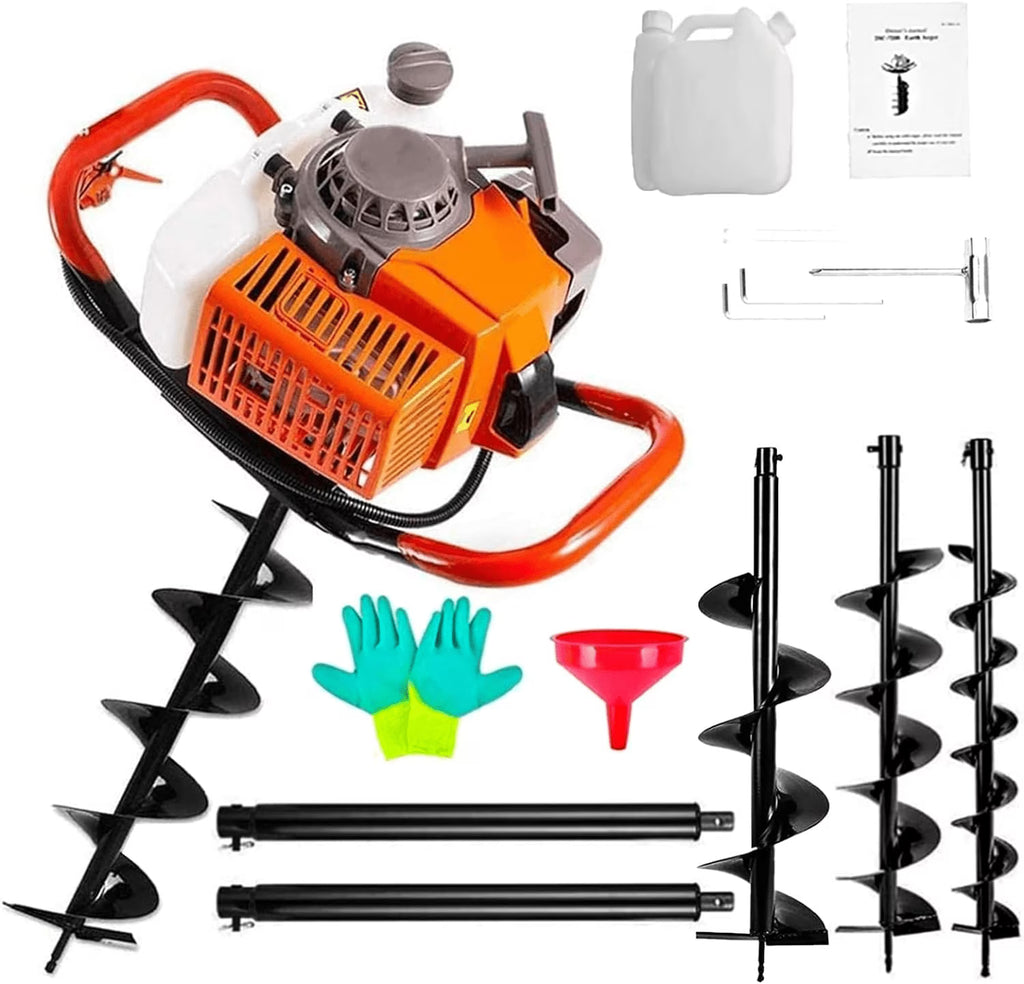PRIJESSE Gas Powered Earth Digger Post Hole Digger with 3 Extension Rods + 3 Auger Drill Bits