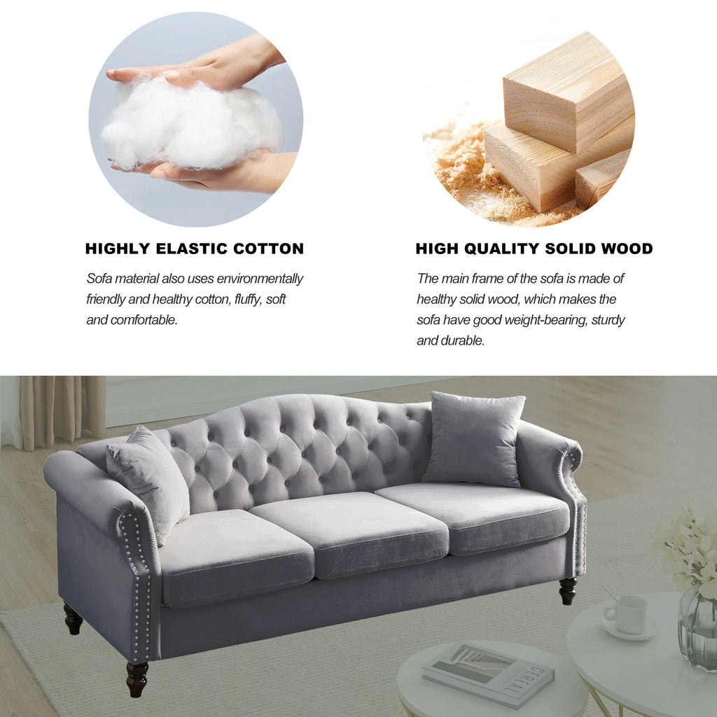 Chesterfield Upholstered Velvet Sofa, 3 Seater Button Tufted Couch with Nailhead Arms for Living Room Bedroom Office Apartment