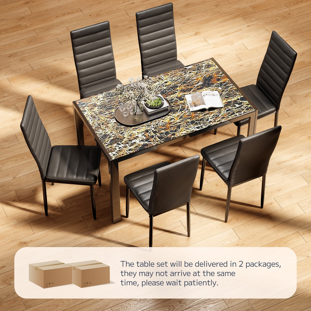 Asofer Modern 7 Piece Dining Table Sets for 6, Glass Kitchen Table, PU Leather Chair, Dining Room, Black