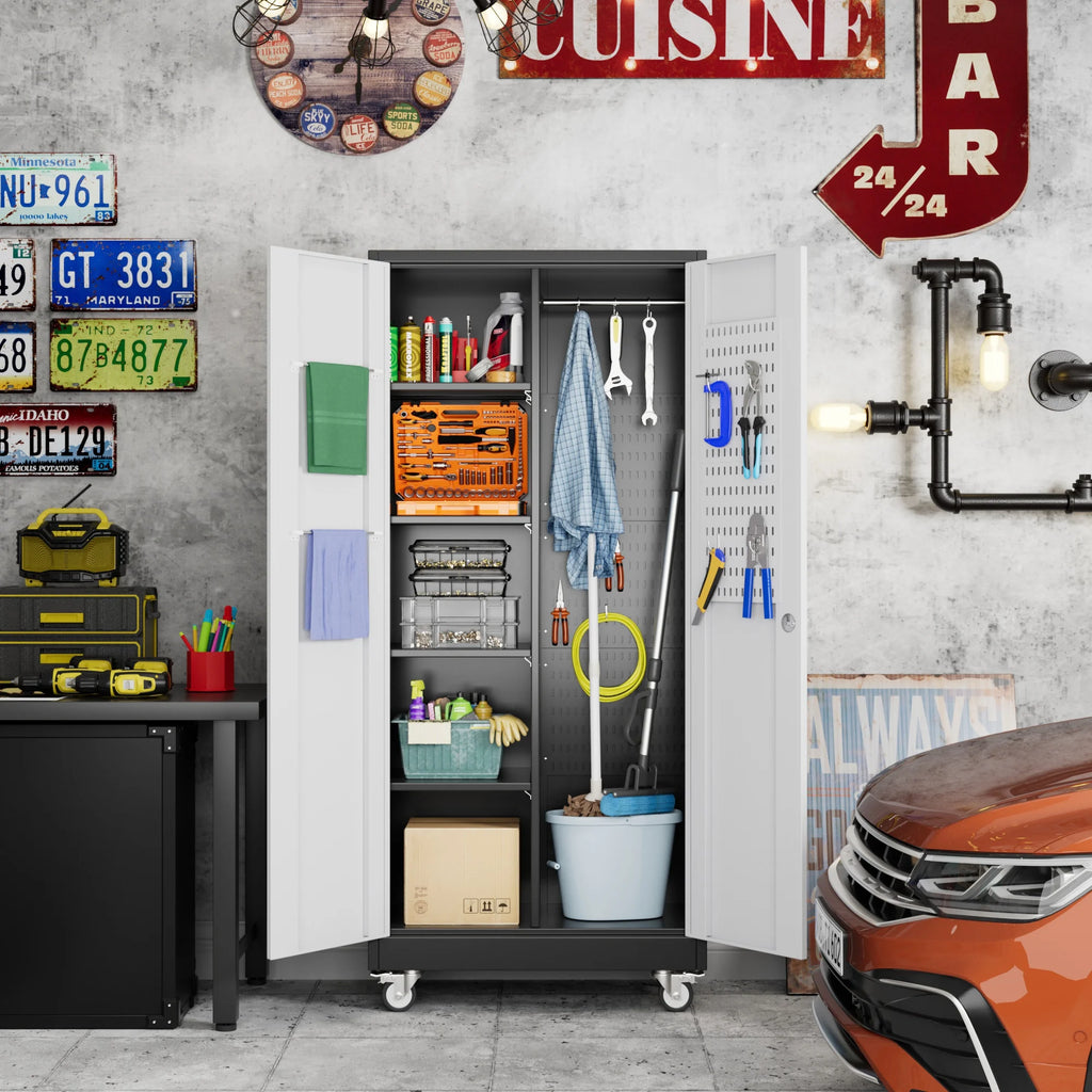 SUPEER 71" Metal Storage Cabinets with Wheels and Pegboards, Industrial Cabinet with 2 Drawers and 2 Adjustable Shelves,, Assembly Required