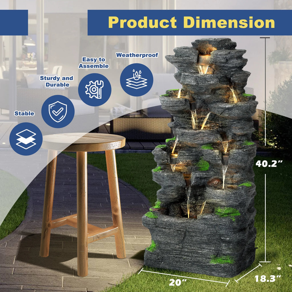 Haverchair 7 Tier Cascading Rock Outdoor Water Fountain, Garden Freestanding Rockery Natural Waterfall Fountains Outdoor with LED Light, Soothing Tranquility Fountains for Home Garden Yard, 24"H