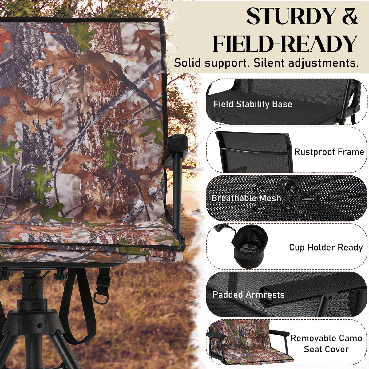 Danrelax 360�� Silent Camo Hunting Blind Chair, Armrests, Side Pouch, Telescopic Legs