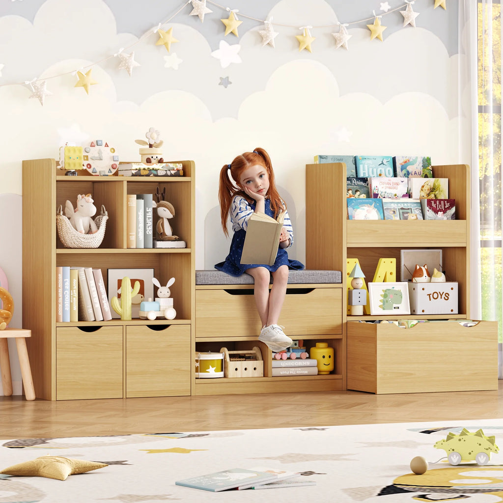 Hiphuta 72"Wide Kids Bookcase with Reading Nook and Under Bench Storage, Wooden Toy Storage Organizer & Book Rack for Kids Room, White