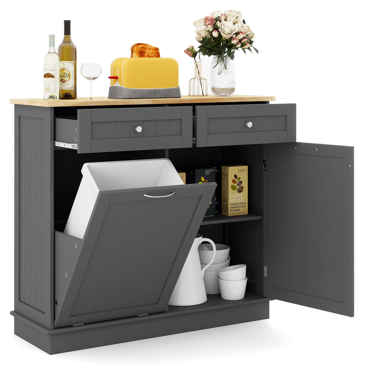 Costway 15.5 Gallon Kitchen Tilt Out Trash Cabinet Rubber Wood Tabletop 2 Drawers Shelf Gray