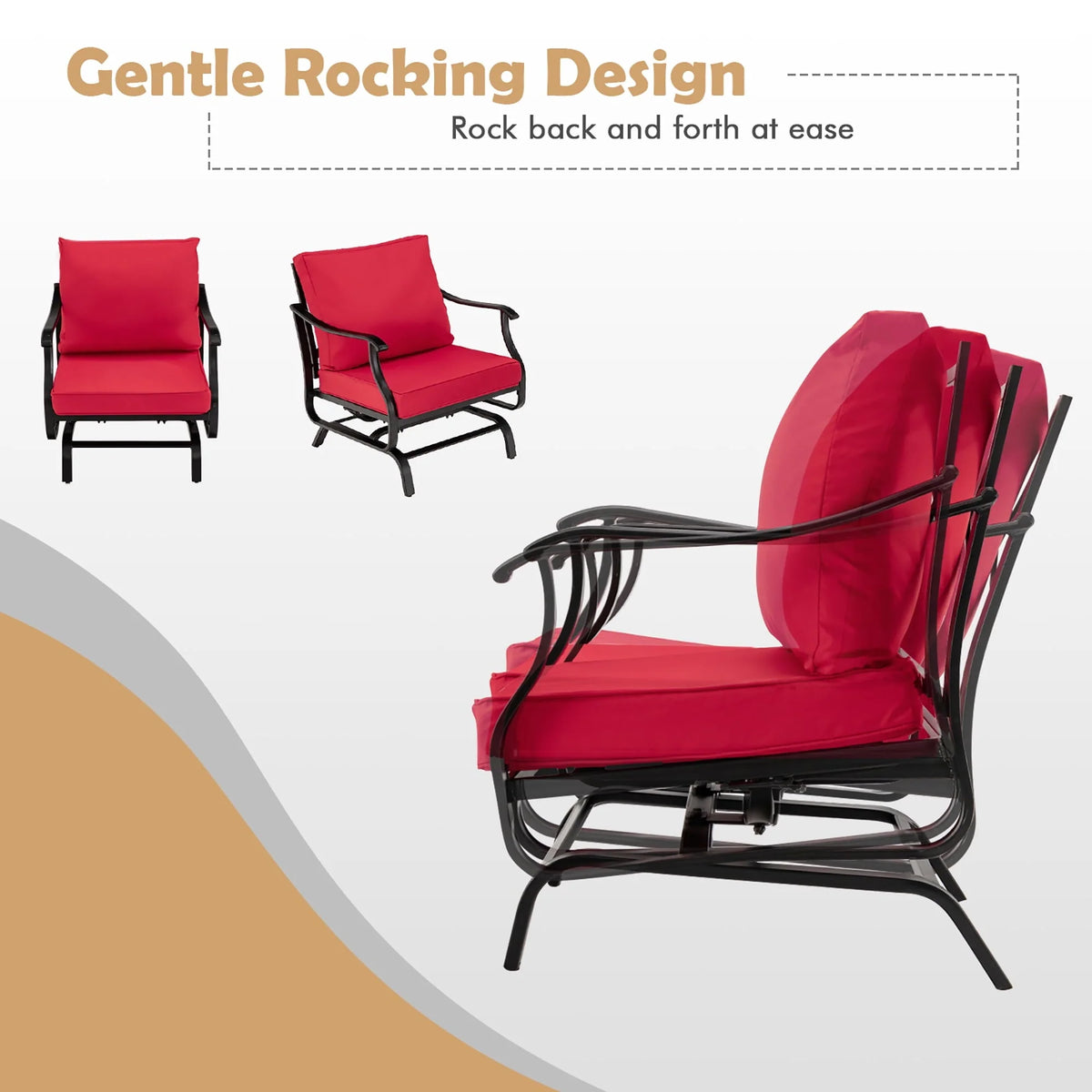 Costway 3PCS Patio Rocking Bistro Set Cushioned Chair Armrest Side Table Red