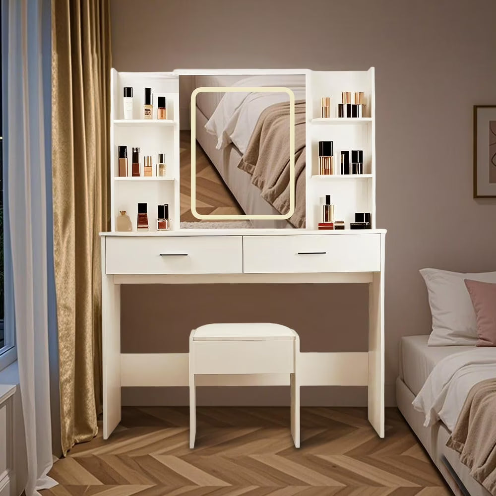Kadyn Vanity Desk with Lighted Mirror, Vanity Table and Chair Set with 2 Drawers, Dressing Table Makeup Desk with 1 Door, Retro Gray