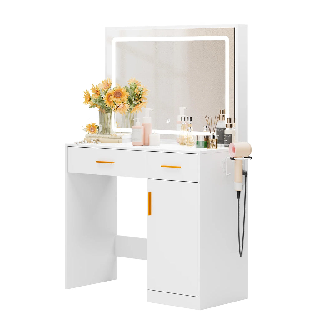 MCQ Dressing Table with Mirror and Light, Adjustable Brightness Dressing Table with Drawers and Storage Shelves, White
