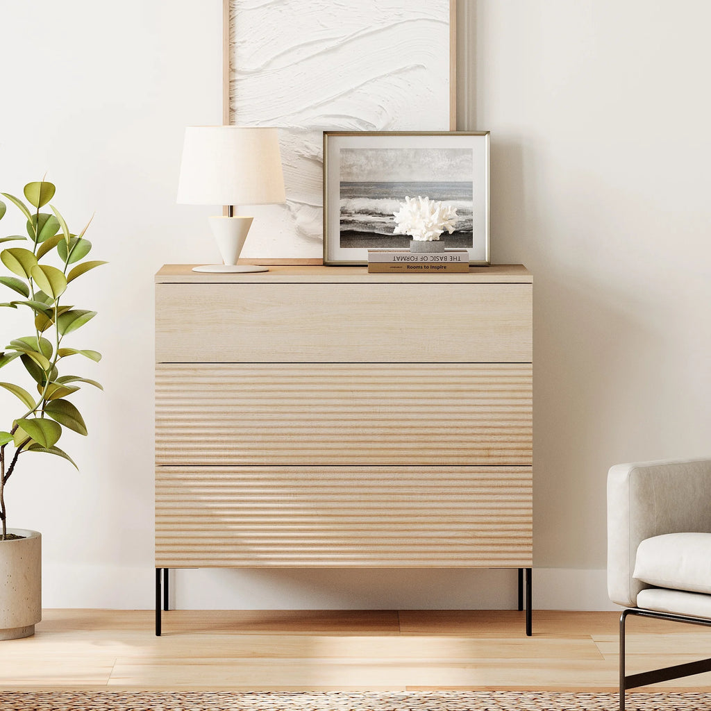 Modern Minimalist Wood Nightstand with 3 Drawers ,31.5" Large End Table,Reeded Design Bedside Table for Bedroom, Living Room,Entryway