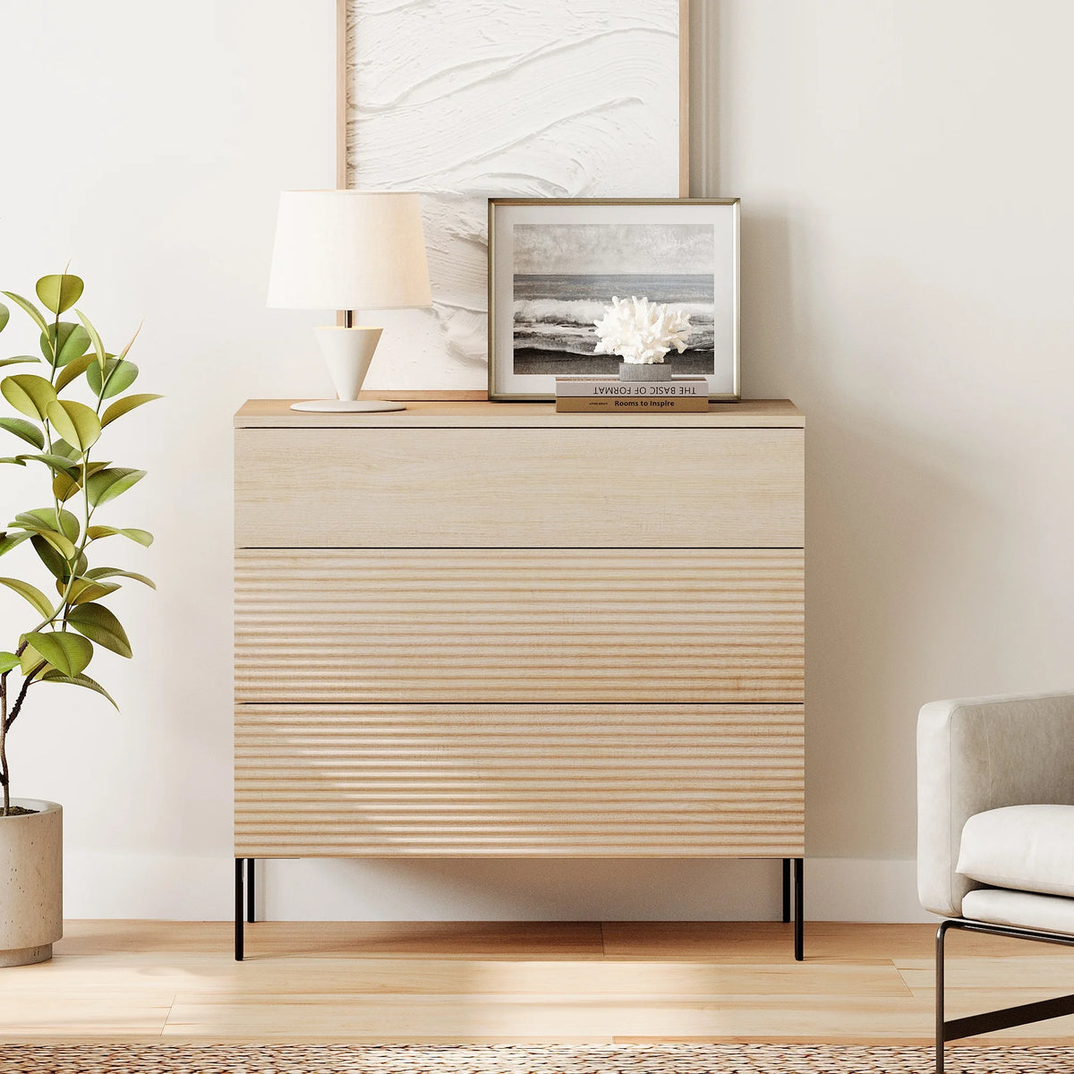 Modern Minimalist Wood Nightstand with 3 Drawers ,31.5" Large End Table,Reeded Design Bedside Table for Bedroom, Living Room,Entryway