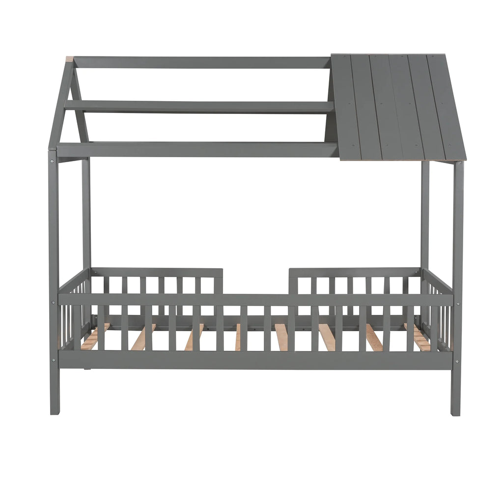 Euroco Twin Size Platform Bed, House Bed with Fence for Kids, Gray