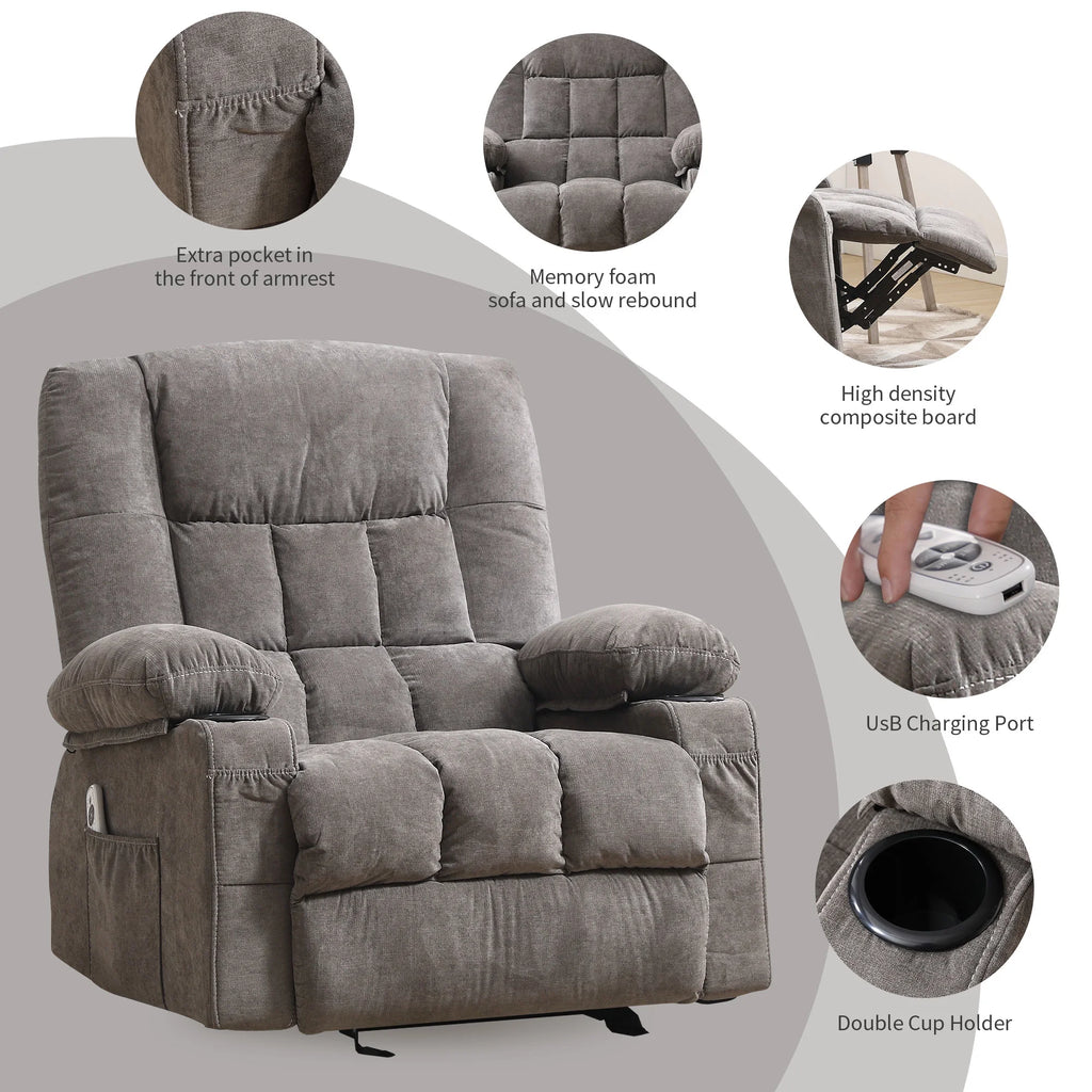 JONPONY Massage Swivel Rocker Recliner Chair with Vibration Massage and Heat Ergonomic Lounge Chair for Living Room with Rocking Function and Side Pocket, 2 Cup Holders, USB Charge Port,Grey