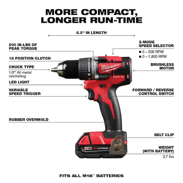 M18 18-Volt Lithium-Ion Brushless Cordless 1/2 in. Compact Drill/Driver with (1) 2.0 Ah Battery, Charger and Tool Bag